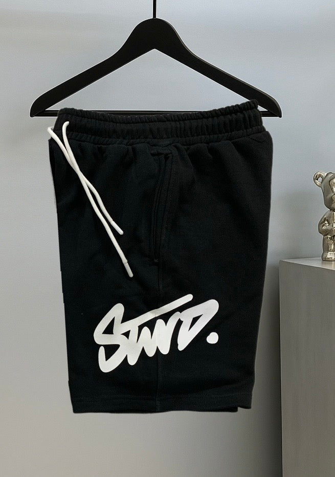 STWD Graphic Street Black Shorts – White Print