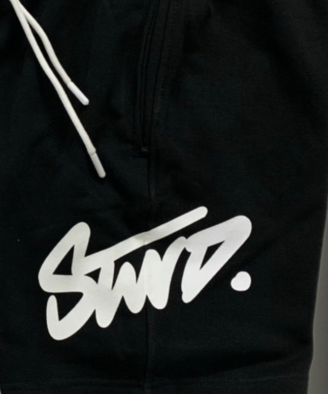 STWD Graphic Street Black Shorts – White Print
